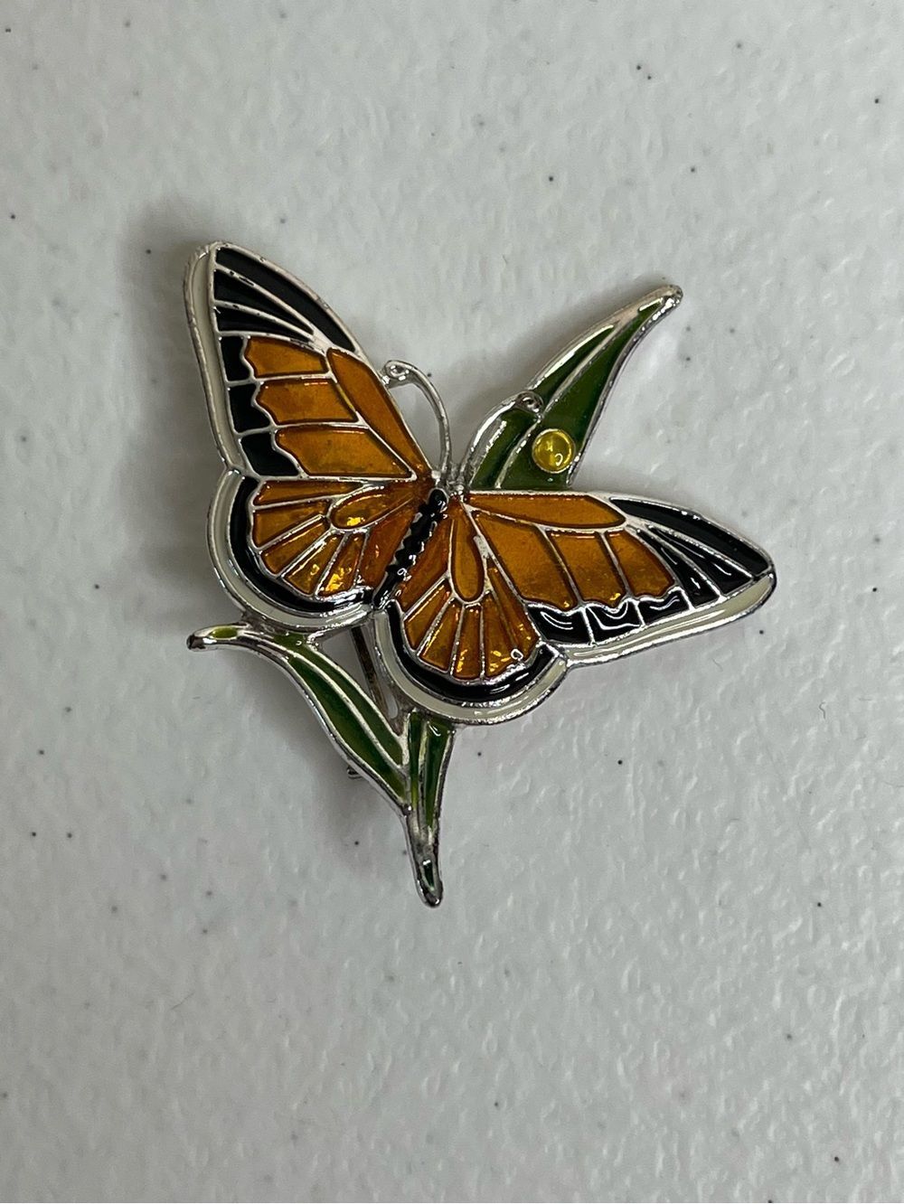 Vintage Orange Black Silvertone Butterfly Brooch Pin Costume Jewelry 1.5" X 2"